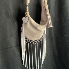 Heart Keychain Included With Sale. Chic Beige Fringe Shoulder Bag, Elegant White Bags With Tassels, Elegant Hobo Bag With Tassels, Chic Beige Shoulder Bag With Tassels, Elegant Fringe Bags For Daily Use, Cream Bags With Tassels, Elegant Crossbody Bag With Tassels, Elegant Fringed Tote Bag, Elegant Fringe Tote Bag