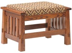 a wooden bench with a patterned seat cushion on the top and bottom part of it