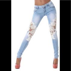 These Are Brand New Jeans. They Say “Large” On The Label, But The Measurements Are More Similar To A Size 2 Or 4 Women’s. Measurements: Inseam Is 34.5 In. Hips 37 In. Waist 31 In. Length 42in. Casual Blue Lace Bottoms, Stitching Jeans, Light Color Jeans, Lace Jeans, Womens Ripped Jeans, Denim Jeans Pants, Denim Capri, Streetwear Mode, Lace Pants