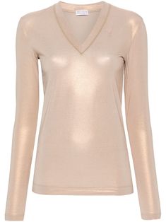 light brown cotton blend stretch-design lurex detailing signature Monili chain detail V-neck long sleeves straight hem Elegant Stretch Gold Top, Elegant Gold Stretch Top, Luxury V-neck Evening Top, Luxury Beige Long Sleeve Tops, Luxury Long Sleeve Beige Top, Luxury Metallic Long Sleeve Tops, Luxury V-neck Sweater With Ribbed Cuffs, Luxury Sequined V-neck Tops, Lurex Top