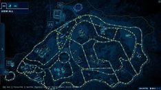 a map with many different locations in the dark blue area and yellow dots on it