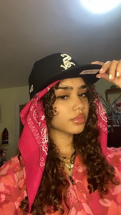 Durag Outfit Women, Bandana And Hat Combo, Durag Women Outfits, Bandana Under Fitted Hat, Pink Durag Outfit, Durag With Hat, Garland On Mantle, Black Women In Durags, Bandana Cap