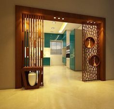 the interior of a modern home with wood and glass doors, vases and artwork on the wall