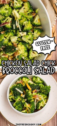 chicken salad with broccoli in a white bowl