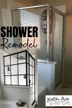 a bathroom with the words shower remodel written in black and white above it