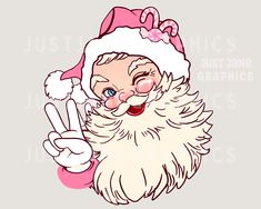 a drawing of santa claus holding a peace sign and wearing a pink hat with white fur