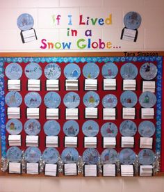 a bulletin board with snow globes on it