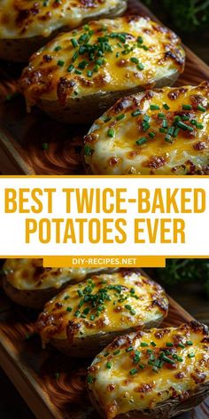 the best twice - baked potatoes ever are served on a wooden platter with parsley