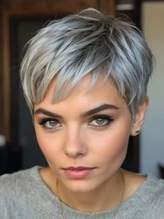 Short Grey Pixie Over 50, Pixie Hair Fine Hair, Pixie Haircut Grey Hair, Short Hair Styles Pixie Edgy, White Hair Outfit, Short Hair Styles For Older Women, Short Gray Hair Styles, Short Wispy Haircuts, Summer Pixie Cut