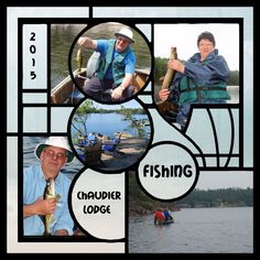 a collage of photos with people in canoes and fishing on the water, including one man holding a fish