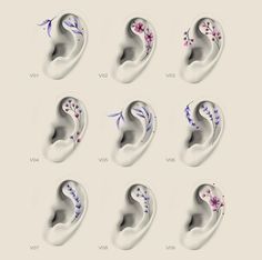 six different types of ear shapes with flowers on them