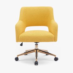 a yellow office chair with wheels and casteors on an isolated white background, viewed from the front