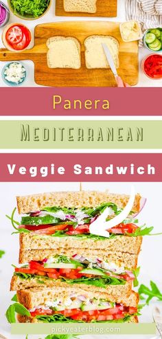 a sandwich cut in half and stacked on top of each other with the words panera mediterranean veggie sandwich