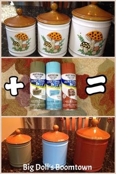 three different pictures showing how to use old canisters for kitchen decor and storage