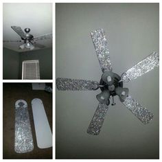 the ceiling fan is shiny silver and has four blades on it, two are white