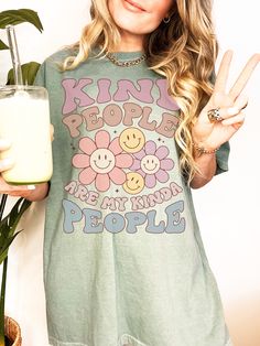 Comfort Colors® Kind People are my Kind of People Kindness Graphic Tee UNISEX T-SHIRTS - Women typically wear one size down for a fitted look. The Models in the pictures are wearing 2 sizes up, please order 2 sizes up for an oversized look How you order-Select your size and the color that you want from the drop down bar, add to cart, and check out. ;)How to order multiples-Select your size and the color that you want from the drop down bar, add to cart, and repeat as many times as necessary then Fun Green Tops With Text Print, Fun Green Top With Text Print, Funny Green Tops With Letter Print, Funny Green Top With Letter Print, Cute Green Top With Text Print, Fun Green Tops With Letter Print, Green Text Print Top For Spring, Green Slogan Top For Spring, Spring Green Slogan Top