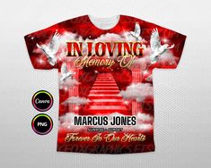 a red t - shirt with the words in loving memory on it and two white doves