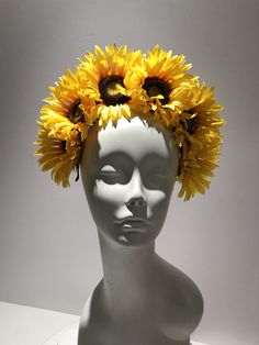 Sunflower Flower Fascinator- Yellow Headband- Mad Hatter Party- Tea Party- Kentucky Derby- Wedding Garden Party Hello, This headpiece is made with 6 sunflower that are about 5 inches wide. Flowers are tilted for extra height. Perfect for fall and anyone who loves sunflowers. It is attached to a black covered skinny headband and is adjustable. Leaves finish off the back. It's very comfortable and will fit any size head. 10 to 90! I've been making hair pieces over 20 years. I love what I do and I Whimsical Summer Headband With Handmade Flowers, Flower Headpiece For Garden Party, Whimsical Summer Headpiece With Handmade Flowers, Floral Headpieces For Summer Garden Parties, Adjustable Flower Shaped Fascinator For Garden Party, Adjustable Flower Headband For Summer, Adjustable Yellow Headpieces For Summer, Adjustable Yellow Headpiece For Summer, Adjustable Yellow Summer Headpieces