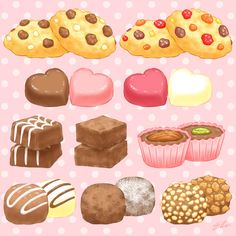 a bunch of different types of desserts on a pink background