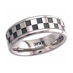 a wedding ring with black and white squares on the inside, in stainless steel or 18k gold