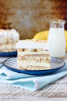 a piece of cake sitting on top of a blue plate