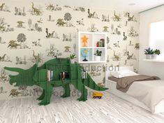 a bedroom with dinosaur wallpaper and green bookshelf in the middle of the room