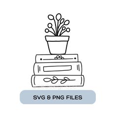 a stack of books with a potted plant on top and the words svg 6 png files