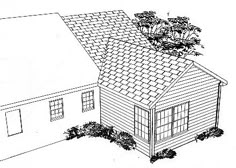 a black and white drawing of a house with a tree on the top of it