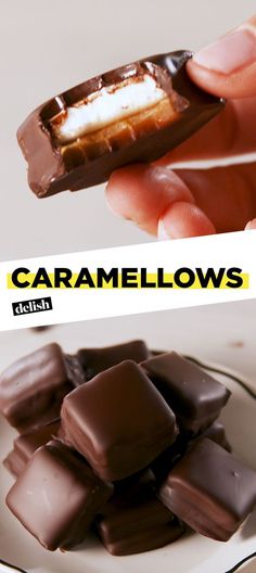 a person holding a chocolate bar with marshmallows on it and the words caramellows above them