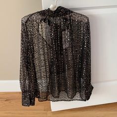 New Zara Black Shirt With Black And Light Gold Beads. V Neck In The Back With Tying Straps. Tag Attached Black Embellished Shirt For Party, Elegant Black Embellished Shirt, Embellished Long Sleeve Party Shirt, Chic Embellished Blouse For Workwear, Glamorous Embellished Fall Blouse, Glamorous Fall Embellished Blouse, Chic Fall Shirt For Parties, Festive Glamorous Black Blouse, Chic Shirt For Fall Party