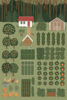 an aerial view of a farm with trees, chickens and other things in the yard