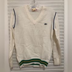 Perfect New Condition Fits Like Xs See Photos For Measurements Preppy Tennis Varsity Sporty Classic Questions? Leave A Comment Below! White V Neck Sweater, Vintage Lacoste, Vintage Sweaters, V Neck Sweater, Vneck Sweater, Colorful Sweaters, Neck Sweater, White Vintage, Vintage Ladies