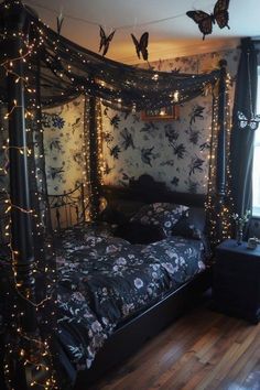 a bed that has some lights on it