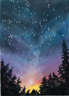 a painting of the night sky with stars and trees