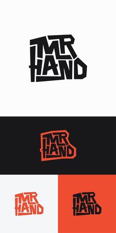 the logo for mr hand is shown in red and black, with an orange background