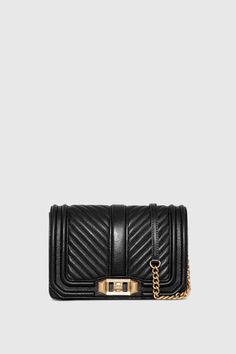 Black & Light Gold Love Crossbody Bag | Rebecca Minkoff Small Black Purse, Quilted Purses, Antique Brass Hardware, Rebecca Minkoff Bag, Chevron Quilt, Strappy Sandals Heels, Free Life, Black Leather Bags, Black Purses