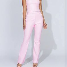 Meshki Tyra Straight Leg Faux Leather Pants - Baby Pink. Bnwt Size Small Pink Pants With Pockets For Night Out, Pink Party Pants With Pockets, Fitted Party Pants With Pockets, High Waisted Flare Pants, Black Linen Pants, Split Pants, Slacks Trousers, Blush Pink Color, Pink Trousers