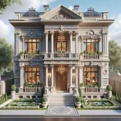 an artist's rendering of a large house with many windows and balconies