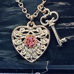 Beautiful Silver Color Heart Pendant With Pink Crystal Stone In Center. Also Has An Old Style Key With The Heart Kawaii Shopping, Hello Kitty Jewelry, Color Heart, Kawaii Shop, Old Style, Swarovski Jewelry, Crystal Stone, Colorful Heart, Pink Crystal