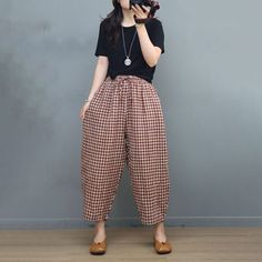 Classic Plaid Pull-On Pants Relax-Fit Cotton Linen Beach Pants in Dark Green Black Reddish Orange One Size - Morimiss.com Linen Beach Pants, Reddish Orange, Beach Pants, Pull On Pants, Skirt Pants, Cotton Linen, Dark Green, Online Shop, Relaxed Fit