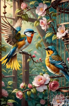 two birds sitting on top of a tree next to a birdcage filled with flowers