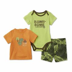 Dinosaur T Rex Design Baby Boy Outfit Set 3 Pieces - T Shirt, Shorts and Creeper NEW with Tags Choose your size Perfect for Baby Shower, Birthday gift, or summer vacation outfit Returns only made if tags are still attached & unused Listing and template services provided by inkFrog Casual Dinosaur Print Bottoms For Playtime, Green Dinosaur Print T-shirt For Summer, Green Dinosaur Print Summer T-shirt, Short Sleeve Dinosaur Print Tops For Playwear, Cotton Dinosaur Print Sets With Short Sleeves, Cotton Sets With Dinosaur Print And Short Sleeves, Casual Green Dinosaur Print Sets, Green Dinosaur Print Playwear Sets, Green Dinosaur Print Sets For Playwear