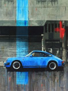 a painting of a blue car parked in front of a building