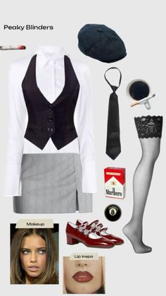 an image of a woman's outfit and accessories including stockings, socks, hat, tie