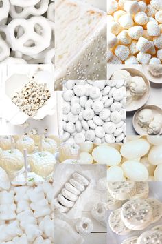 there are many different types of food in this collage, including marshmallows and pretzels