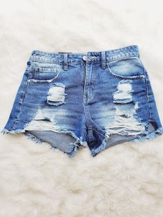 Slim fit, high waist distressed shorts. (Runs small, has no stretch) Fitted Distressed Shorts, Distressed Fitted Short Bottoms, Casual Distressed High-waisted Shorts, Distressed High-waisted Shorts For Beach, Cheap High-waisted Distressed Jean Shorts, Distressed Shorts, Cute Shorts, Birthday Wishlist, Pant Shirt