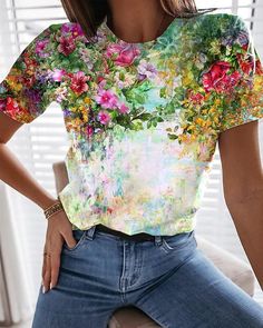 US$ 22.95 - Floral Flower Printed Short Sleeve T-shirt Loose Top - m.zicopop.com T Shirt Material, Flower Print Shirt, Flower Print Top, Kawaii Harajuku, Harajuku Outfits, Cartoon Outfits, Loose Tops, Flower Fashion, Print Top