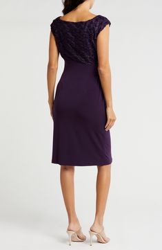 A shimmering bodice tops an elegant bateau-neck sheath dress fashioned in a graceful faux-wrap silhouette. 40" length Slips on over head Bateau neck Sleeveless Partially lined 97% polyester, 3% spandex Machine wash, dry flat Imported Purple Stretch Bodycon Dress For Formal Occasions, Elegant Fitted Purple Bodycon Dress, Elegant Purple Stretch Bodycon Dress, Elegant Purple Midi Dress With Fitted Bodice, Elegant Purple Stretch Midi Dress, Elegant Stretch Purple Midi Dress, Purple Fitted Dress With Straight Neckline, Elegant Purple Dress With Asymmetrical Neckline, Elegant Purple Sleeveless Bodycon Dress