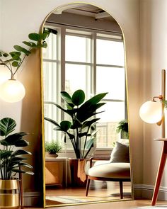 a large mirror sitting on top of a wooden floor next to a potted plant