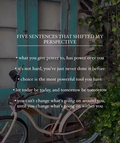 a bicycle parked in front of a door with the words five sentences that shitted my perspective